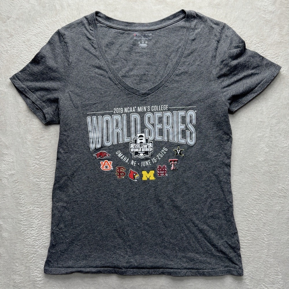 Champion 2019 NCAA Baseball Collegiate World Series T Shirt Womens L Gray V Neck